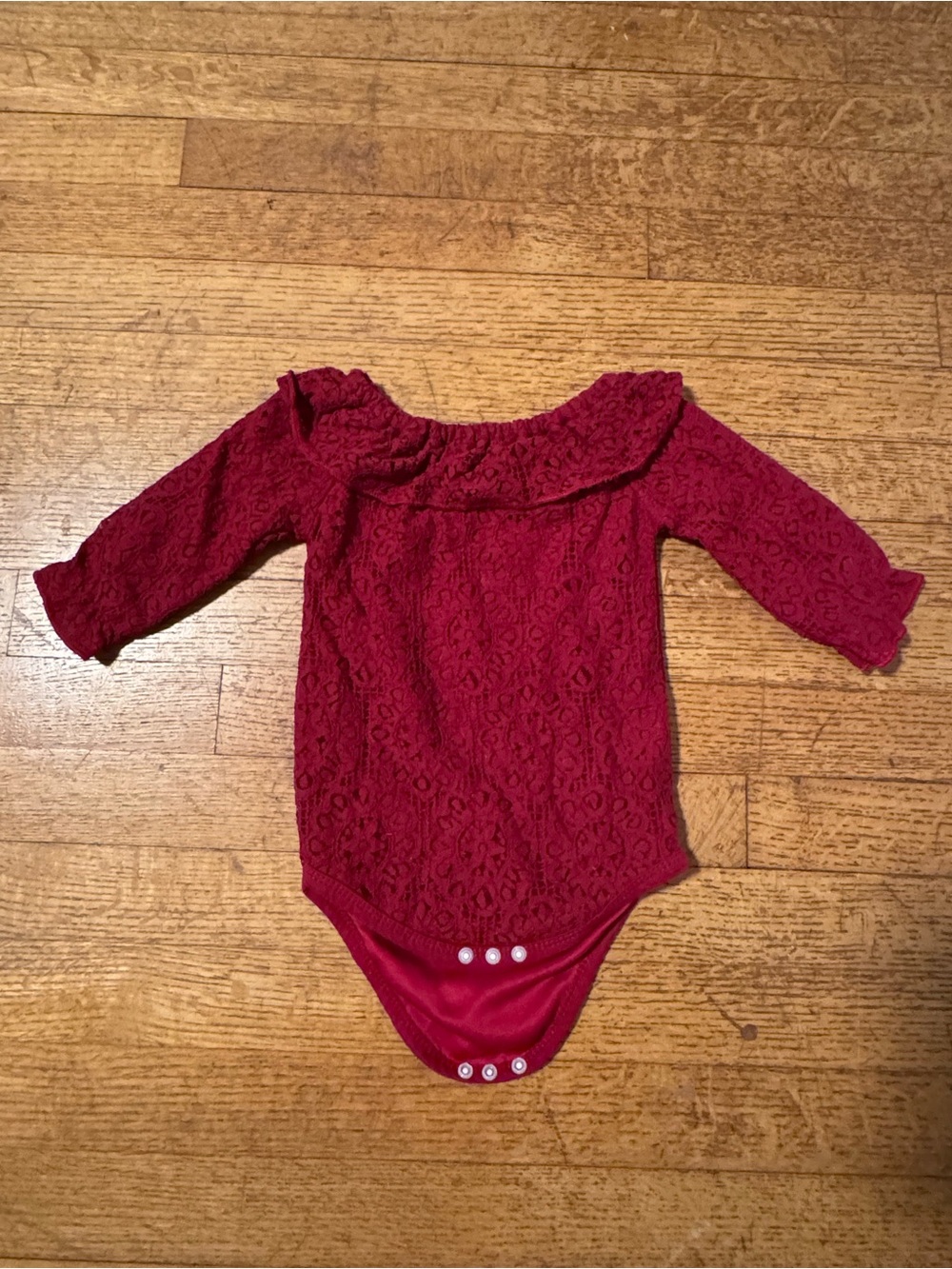 Cute Lace Long-Sleeve One-Piece Bodysuit in Deep Red